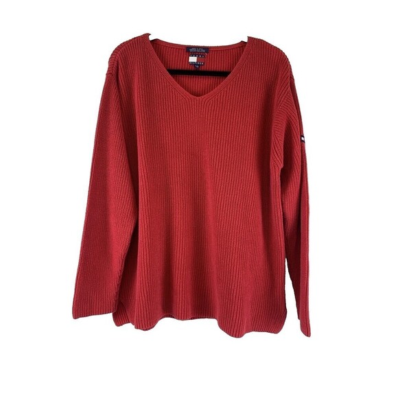 Tommy Hilfiger Red Ribbed Knit Sweater V-Neck Pullover Boxy Relaxed Womens Large - Picture 1 of 12